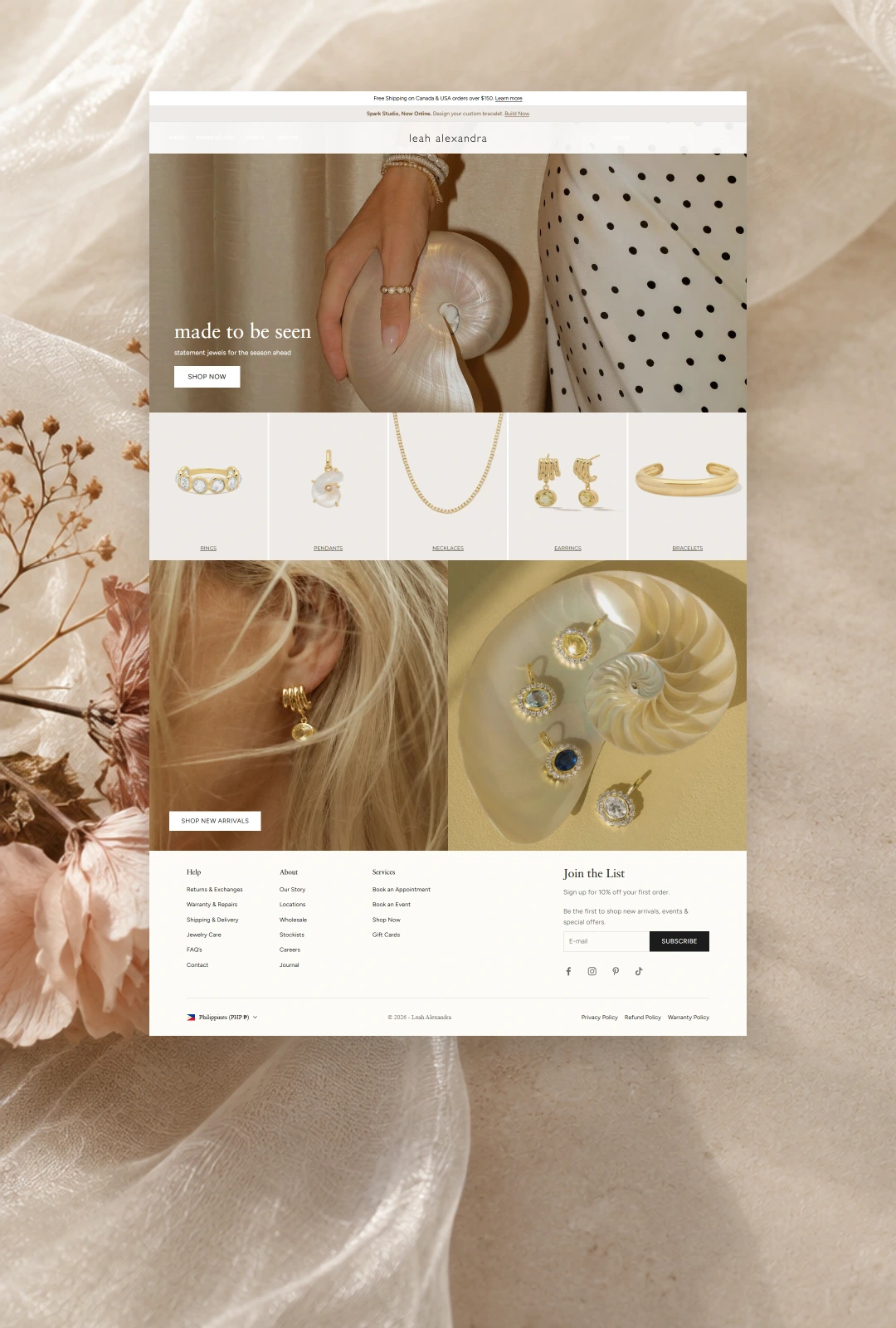 Leah Alexandra original website and footer on a soft floral backdrop