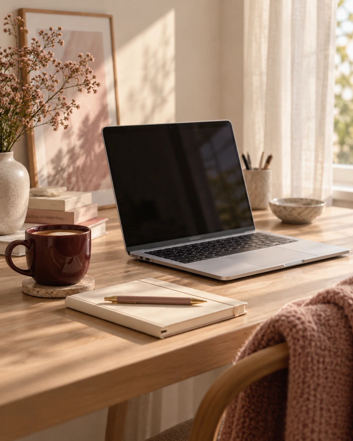 A simple sunlit workspace with a laptop and notebook